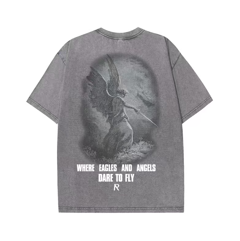American trend Represent letter angel print retro washed distressed high street men and women loose casual short-sleeved T-shirt