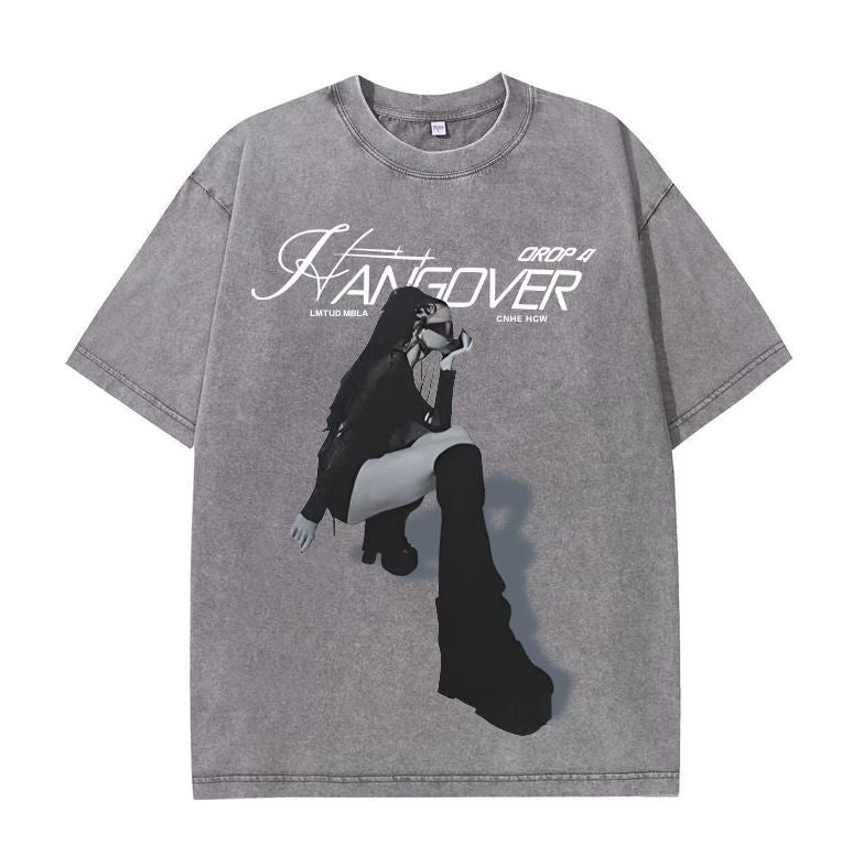 Summer new American tide brand washed dyed old portrait letter printing couple loose short-sleeved T-shirt men and women
