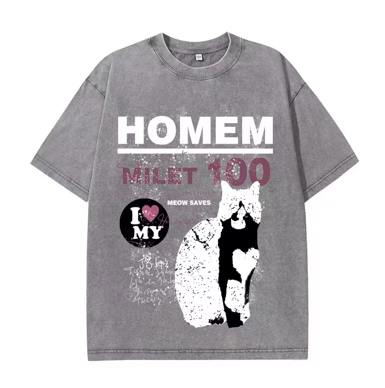Fashion brand cartoon cat print T-shirt for men and women summer round neck retro distressed loose casual short sleeves