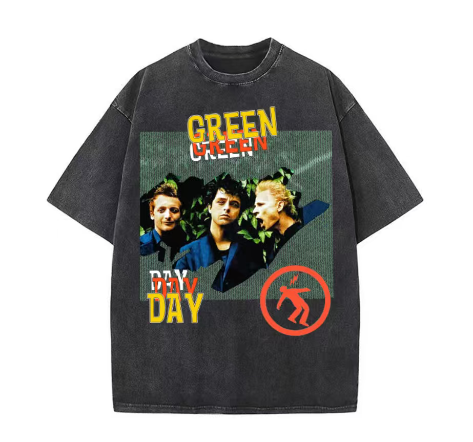 Spring and summer new greenday green day band heavy washed old cotton short-sleeved T-shirt retro print men and women