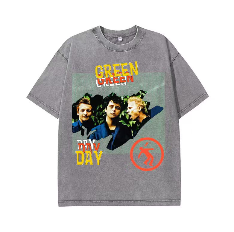 Spring and summer new greenday green day band heavy washed old cotton short-sleeved T-shirt retro print men and women