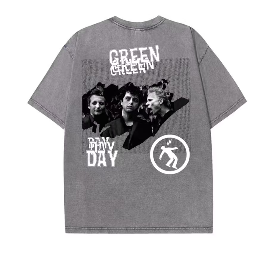 Spring and summer new greenday green day band heavy washed old cotton short-sleeved T-shirt retro print men and women
