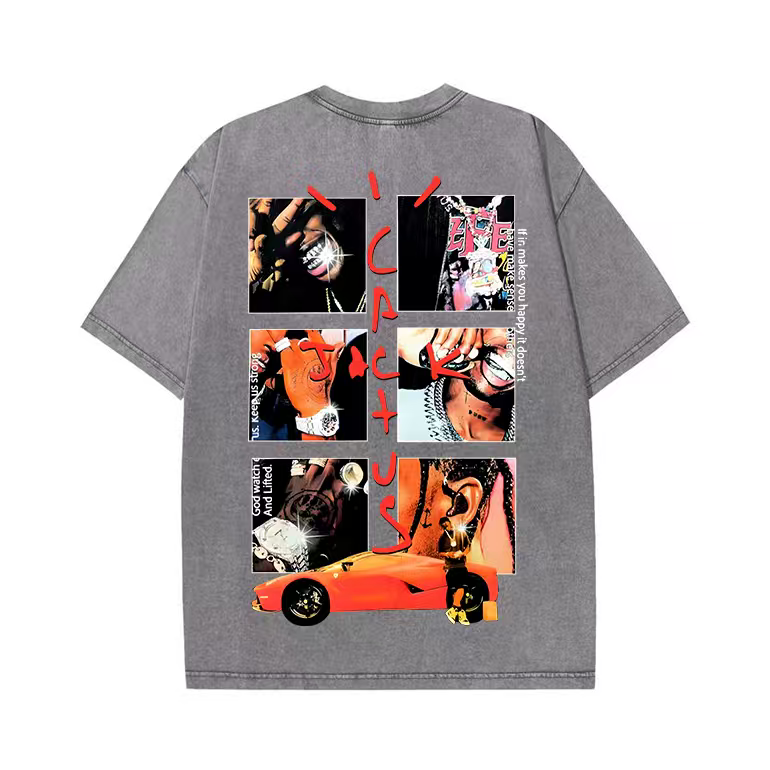 American retro hip-hop Scott TS printed short-sleeved T-shirt trendy high street heavy long-sleeved round neck hooded sweatshirt