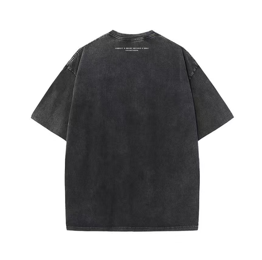 American retro high street graffiti print short-sleeved T-shirt men's summer loose small neckline trendy brand half sleeves