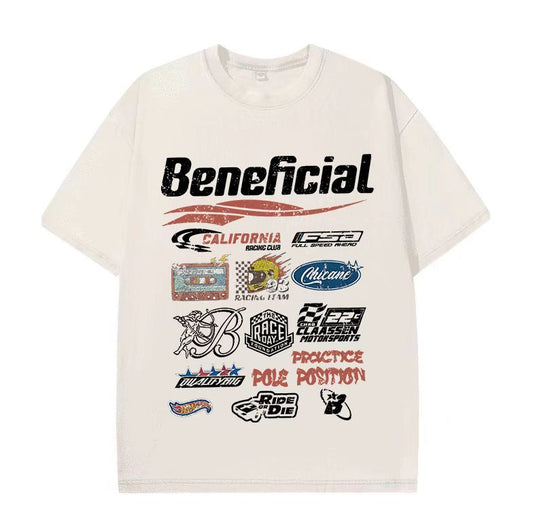 American high street pattern printed washed short-sleeved T-shirt men's summer trendy brand college style couple loose versatile tops