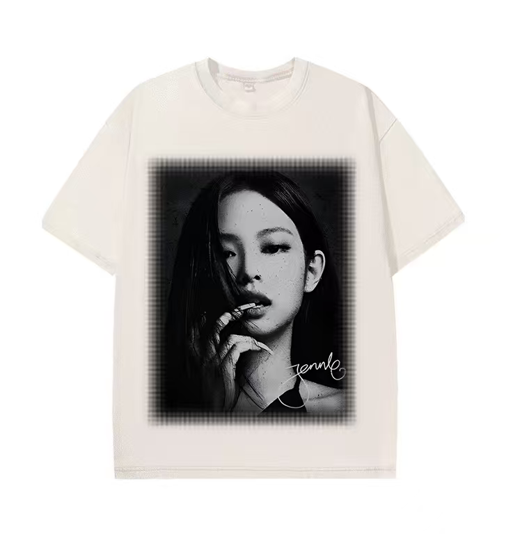 American high street BIG FACE portrait Vintage print heavy washed distressed couple loose short-sleeved T-shirt trend