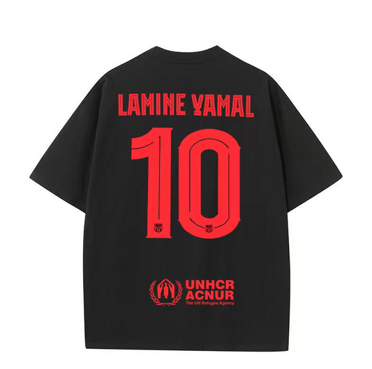 24-25 season Barcelona team uniform Yamal football clothes fan uniform short-sleeved T-shirt men's and women's pure cotton half-sleeved body