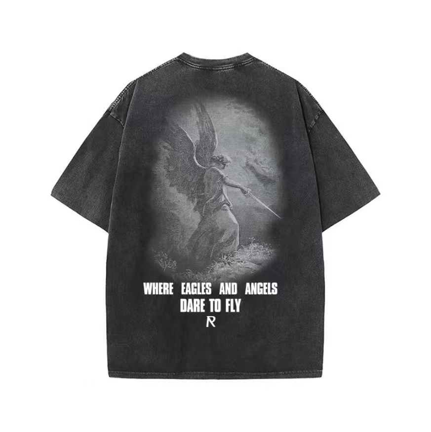 American trend Represent letter angel print retro washed distressed high street men and women loose casual short-sleeved T-shirt