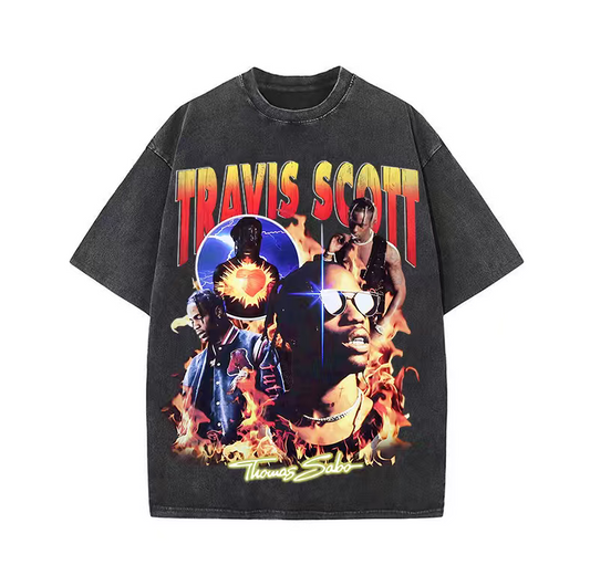 American high street heavy washed hip-hop rapper TS print retro distressed men and women loose short-sleeved T-shirt trend