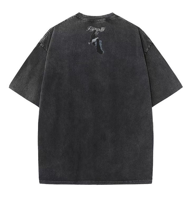 Summer new American tide brand washed dyed old portrait letter printing couple loose short-sleeved T-shirt men and women