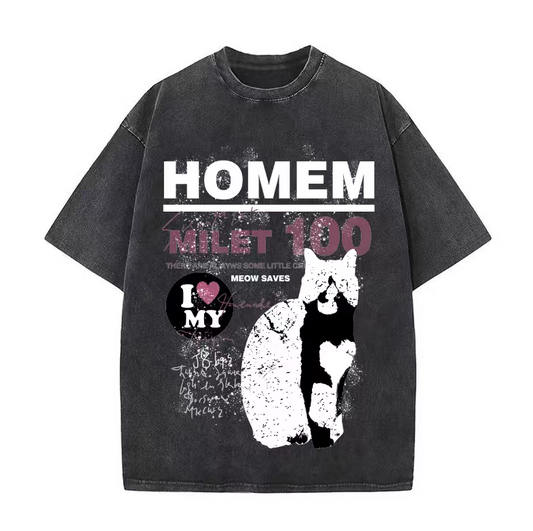Fashion brand cartoon cat print T-shirt for men and women summer round neck retro distressed loose casual short sleeves