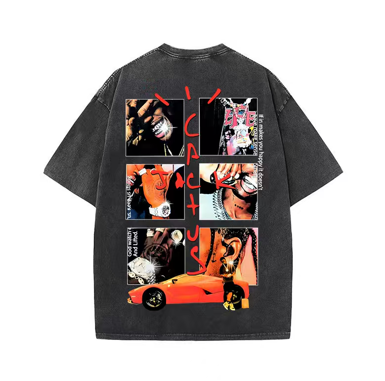 American retro hip-hop Scott TS printed short-sleeved T-shirt trendy high street heavy long-sleeved round neck hooded sweatshirt