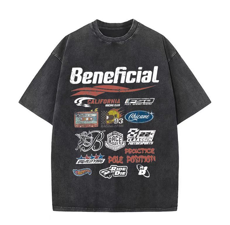 American high street pattern printed washed short-sleeved T-shirt men's summer trendy brand college style couple loose versatile tops