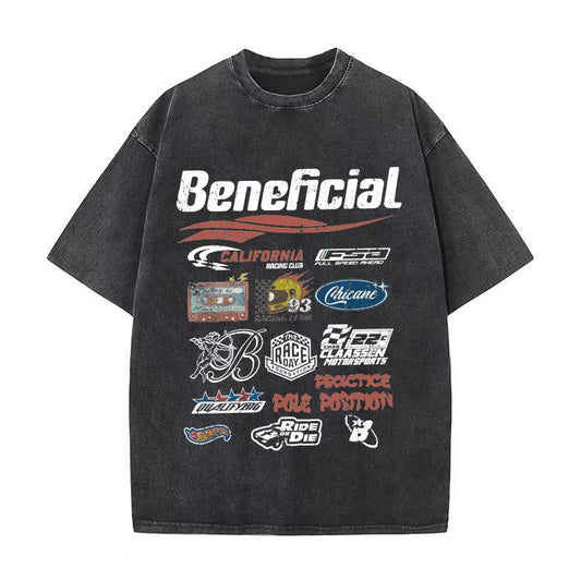 American high street pattern printed washed short-sleeved T-shirt men's summer trendy brand college style couple loose versatile tops