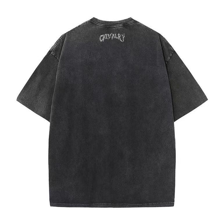 American trendy retro letter print washed old T-shirt oversize high street dark style design short sleeve cool
