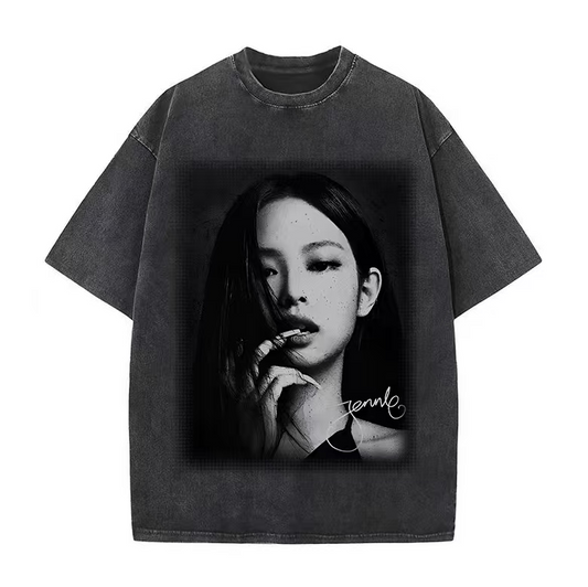 American high street BIG FACE portrait Vintage print heavy washed distressed couple loose short-sleeved T-shirt trend
