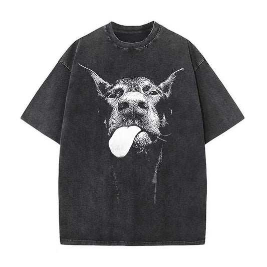 TKPA Doberman print washed retro vintage high street fashion loose round neck short-sleeved T-shirt men and women street