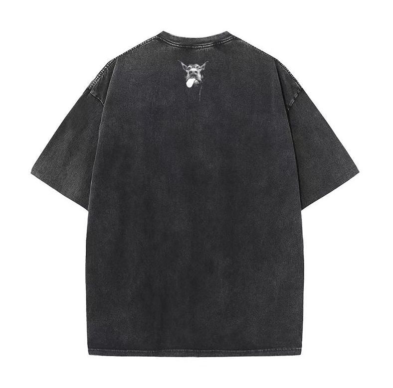 TKPA Doberman print washed retro vintage high street fashion loose round neck short-sleeved T-shirt men and women street
