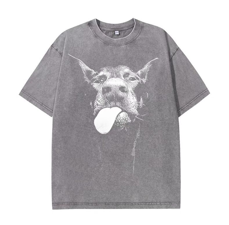 TKPA Doberman print washed retro vintage high street fashion loose round neck short-sleeved T-shirt men and women street