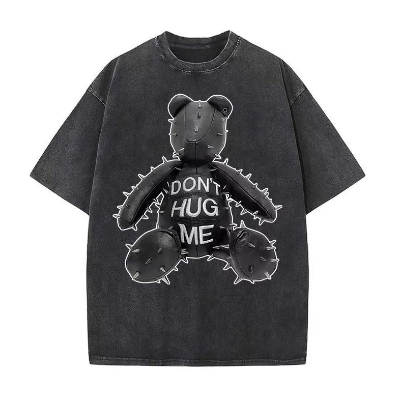 American retro trendy brand ins bear t-shirt men and women make old short-sleeved loose couple outfit oversize high street half-sleeve