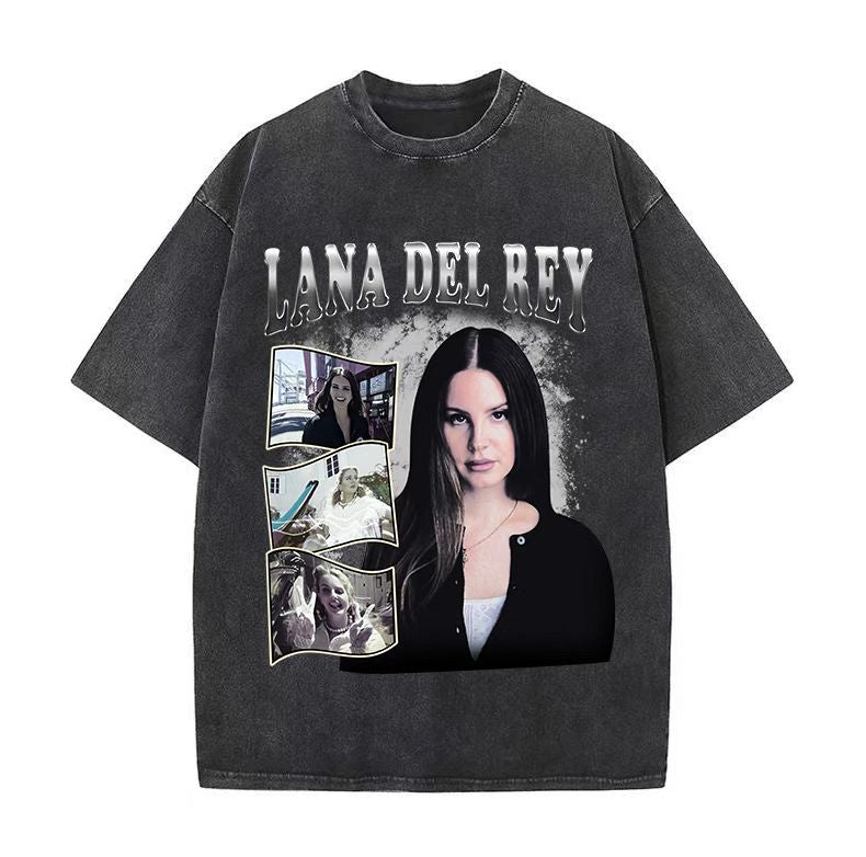 90s singer Lana Del Rey washed T-shirt Harajuku men's retro distressed short-sleeved large size pure cotton trendy t
