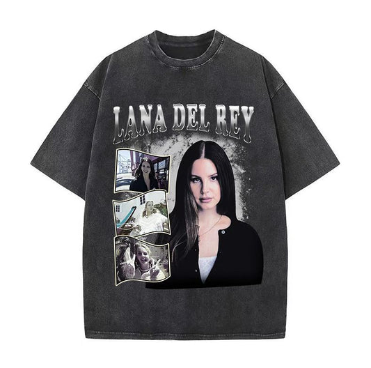 90s singer Lana Del Rey washed T-shirt Harajuku men's retro distressed short-sleeved large size pure cotton trendy t