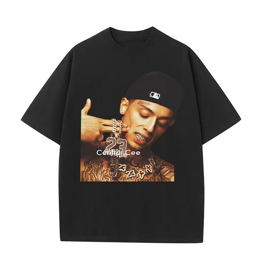 American hip-hop direct-injection printing heavyweight T-shirt men's washed and distressed small collar short sleeves